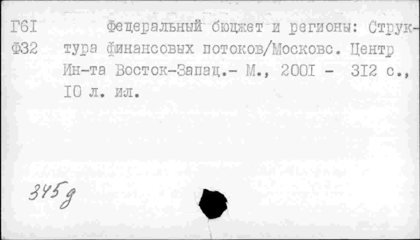 ﻿Г61 Федеральный бюджет и регионы: Струк
Ф32 тура финансовых потоков/Московс. Центр
Ин-та Восток-Запад.- М.» 2001 - 312 с., 10 л. ил.
